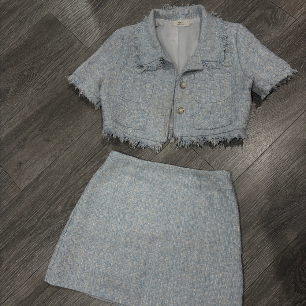 Cider Light Blue Tweed Skirt Set